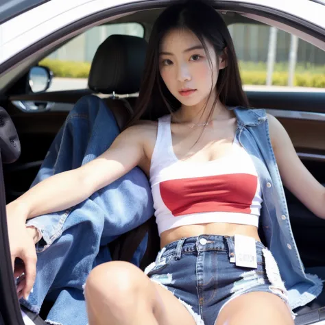 Taiwanese beauty，Sit in the car，Wearing a white top，Denim shorts，Sexy body