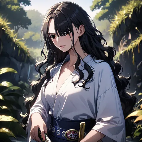 masterpiece, best quality), intricate details, 1 girl, woman, black hair, nico robbin (one piece), (long hair), shirt, white shirt, female focus, clothes, white colour kimono, nature, scenery, upper body, ((front view)) ((close up shot)) ((solo)) ((hair ov...