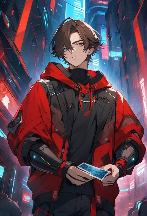 Handsome, solo, 1 male, short hair, brown hair, gray eyes, black and red hood, futuristic, cyberpunk, cards, gambler