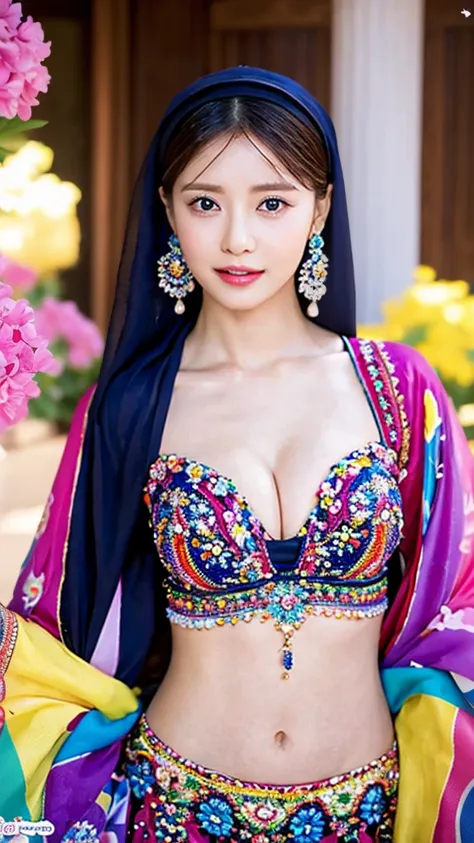 colorful, null, Flowers, Magic, Fantasy, That, Highest quality,beautiful detailed hijabi,Fascinating face,Tzuyu loves YooA ,Long eyelashes,Wearing a colorful bellydancer,Detailed explanation,huge ,With cleavage, Underbust, Side bust,Looking into the camera...