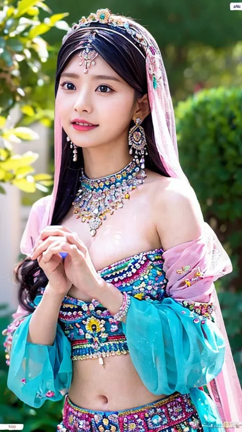 colorful, null, Flowers, Magic, Fantasy, That, Highest quality,beautiful detailed hijabi,Fascinating face,Tzuyu loves YooA ,Long eyelashes,Wearing a colorful bellydancer,Detailed explanation,huge ,With cleavage, Underbust, Side bust,Looking into the camera...