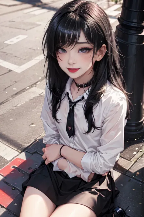 1 girl, 10 years old, woman, emo_hairstyle, Red lipstick, collar, Eyeliner, eyeshadow, smoky eyes, realistic lighting, school, shirt , tie, skirt, Black Stockings, long hair, flat chest, shiny skin, complacent, grin.