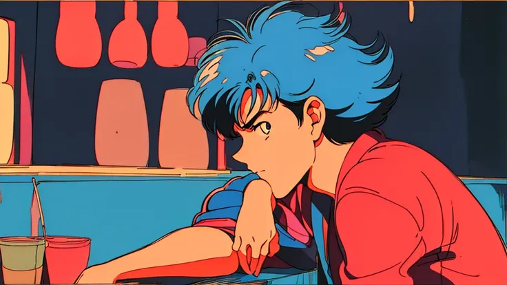 An emotional boy、The style is good、Retro anime images、Highest quality、４ｋ、Drinking alone at a bar、City of night、Close-up of a man, 80年代のAnime atmosphere, 80s anime style, Retro anime men, 1980s anime style, Retro anime images, Anime atmosphere, Playing game...