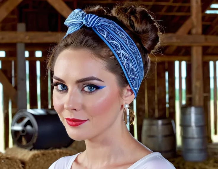 m1ag0th woman, brunette hair bun, red, bandana, in a barn, pearl movie, close up, in a barn with stacks, blue eyeliner, brown wavy hair