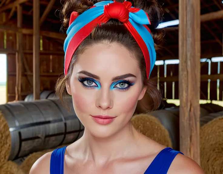 m1ag0th woman, brunette hair bun, red, bandana, in a barn, pearl movie, close up, in a barn with stacks, blue eyeliner, brown wa...