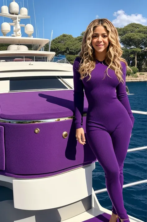 Shakira wearing a purple wool bodysuit, standing on a yacht, looking at the camera