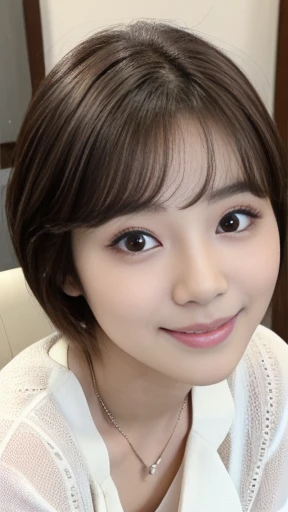 Close-up, sitting on a chair, Gorgeous Young Korean Woman, 1 girl 35 yeas old,　( short hair, brown hair, single eyelid, Thin outer eyebrows, Small eyes、Eyes are small compared to the face、Narrow face, lip, little smile),( Chest visible, middle breasts, mid...