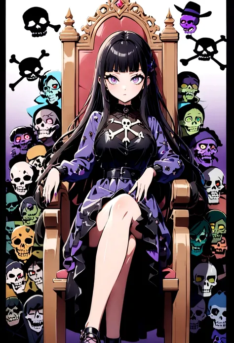 Black Hair、Black Feather、Gothic punk dress、Legs sticking out，Sit on a chair, Crossing your legs、Throne,anime zombie witch design, Crossbones, skull, Streetwear Design, Provector, Horror Style, Full Design, Only 6 colors, Solid Colors, No Shadow, Full Desig...