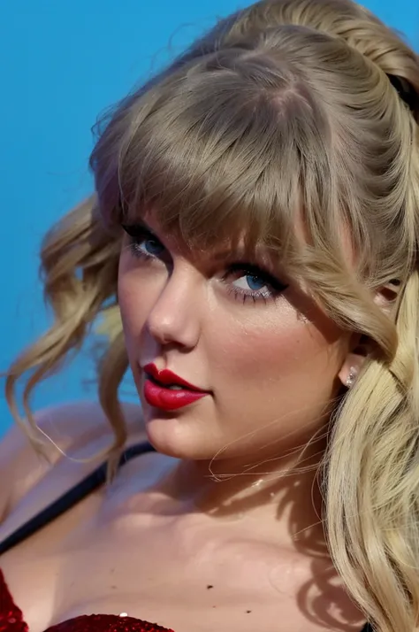 a beautiful, photorealistic photo of Taylor Swift, wearing a sexy latex dress, with a hair bun, a perfect detailed face and realistic skin texture, simple background, detailed and masterpiece quality, best quality, masterpiece, 4k, 8k, photorealistic, ultr...