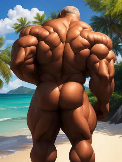 beach, back view, extremely huge muscular, massive muscular, full-body, well-muscled old man and showing back muscle. ((extremely muscle size, super thick arms, huge back, extremely wide back and shoulder , huge arms)).  and add details to make it attracti...