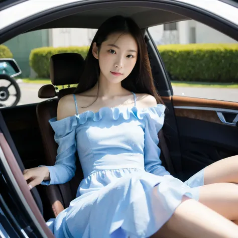 Taiwanese beauty，Sit in the car，Wear a dress.