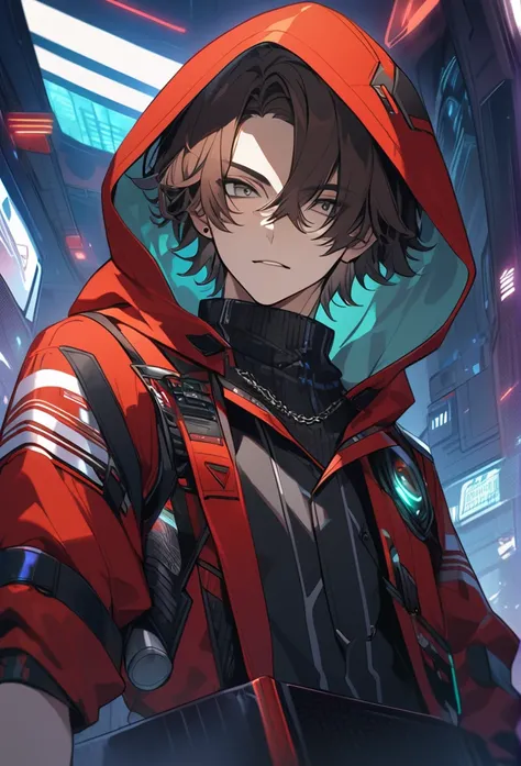 Handsome, solo, 1 male, short hair, brown hair, gray eyes, black and red hood, futuristic, cyberpunk, cards, gambler