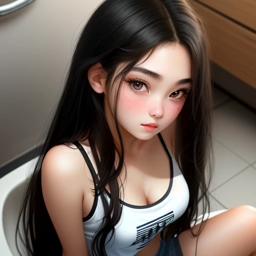 Sitting on closet in toilet. Girl with sexy body. Sexy vibes. Point of view from top. 
18-year-old girl, Detailed face, Detailed eyes, double eyelid, cute, hot-seductive-sexy-beautiful-girl with messy long-black-hair and blushing face. Intimate vibes.