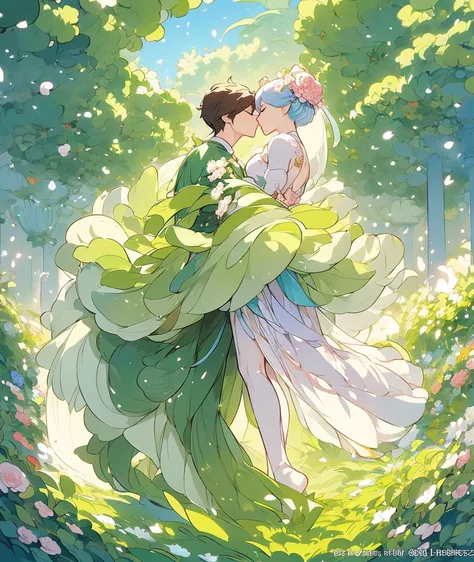 anime couple kissing in a garden with roses and a bird, peasant boy and girl first kiss, artwork in the style of guweiz, alphonse mucha and rossdraws, guweiz, korean art nouveau anime, kissing together cutely, a beautiful artwork illustration, lovely kiss,...