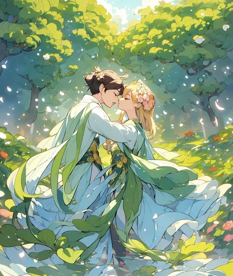 anime couple kissing in a garden with roses and a bird, peasant boy and girl first kiss, artwork in the style of guweiz, alphonse mucha and rossdraws, guweiz, korean art nouveau anime, kissing together cutely, a beautiful artwork illustration, lovely kiss,...