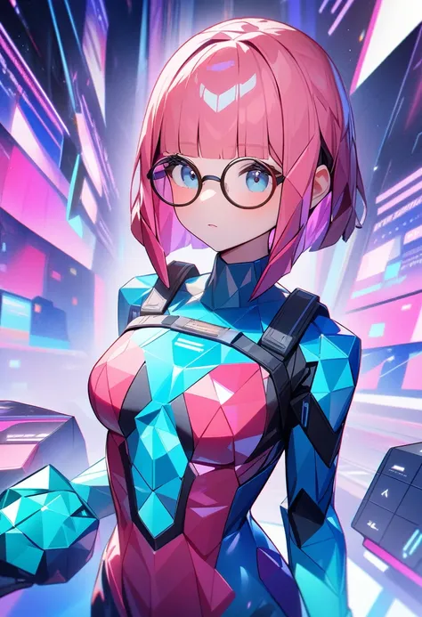 1girl, low-poly, round glasses, medium breasts, tomboy hair, short hair, blunt bangs, pink hair, cyan body suit, cyberspace, masterpiece quality, ultra HD, 4K, best quality, 