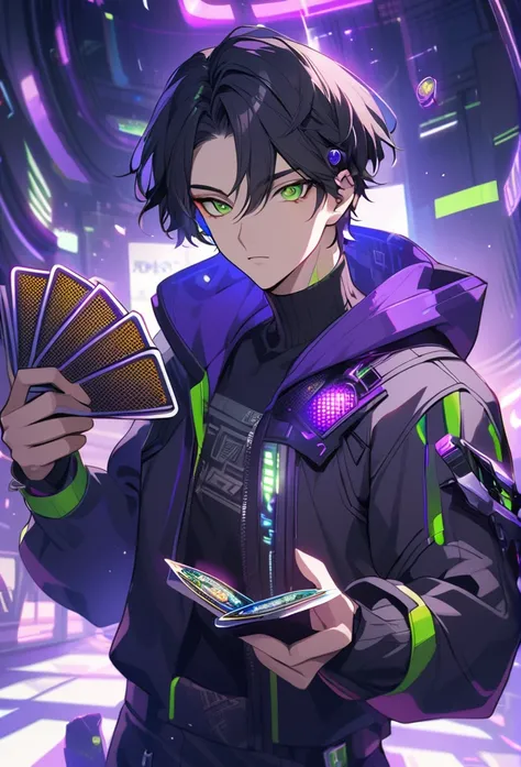 Handsome, solo, 1 male, short hair, black hair, green eyes, black and purple hood, futuristic, cyberpunk, cards, dices, gambler