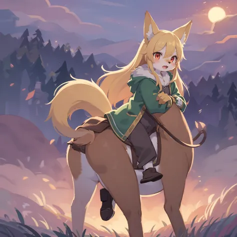 loli the fox, , was hairy, shaggy, skin fur, smooth lashes, golden fur, forelimb hands, straight long blonde hair, solid circle eyes, golden ears, golden fur, golden facial fur, shiny hair, red eyes, super cute face, 1fox tail, fluffy tail, furry tail, glo...