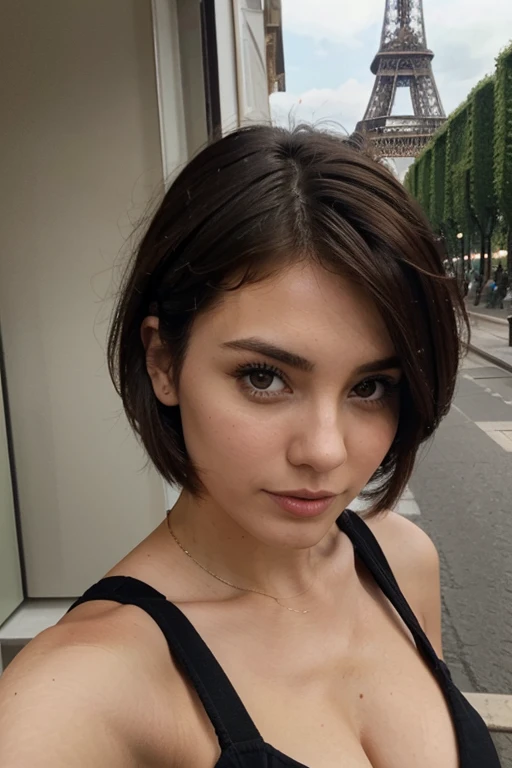 Short hair brunette woman, taking a selfie at the eiffel tower