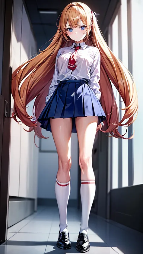 A student inside a school. She is wearing a  with a short blue skirt and a white blouse with a red tie. She has long blonde hair, loose, and a serious expression. The image is taken from a low angle, showing her legs with white knee-high socks and shiny bl...