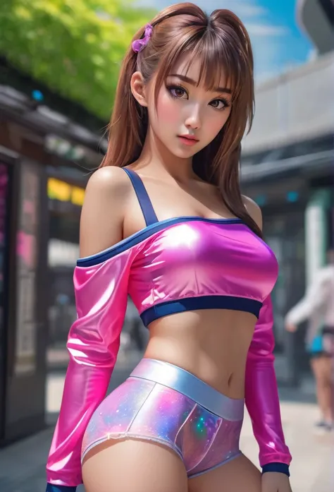 ((Masterpiece)), best quality, absurderes, ultra detailed, holographic, cowboy shot, golden ratio, super cute girl, mature girl, idol girl, super beautiful asian girl with very beautiful violet glowing eyes, beautiful glowing brown multicolored hair, shoul...