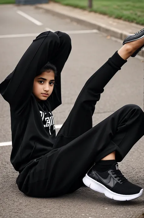 A 15-year-old Arab girl wearing black cork, black long pants, black socks, and black sports shoes