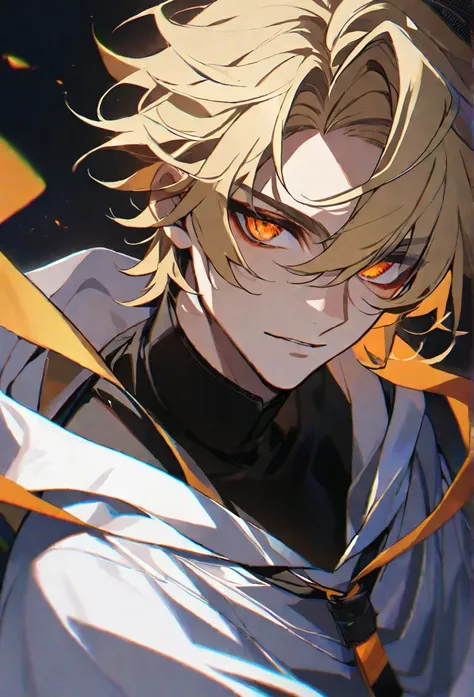 solo, handsome, 1 male, black shirt, white hooded cloak, , blonde hair, orange eyes, black threads, black light