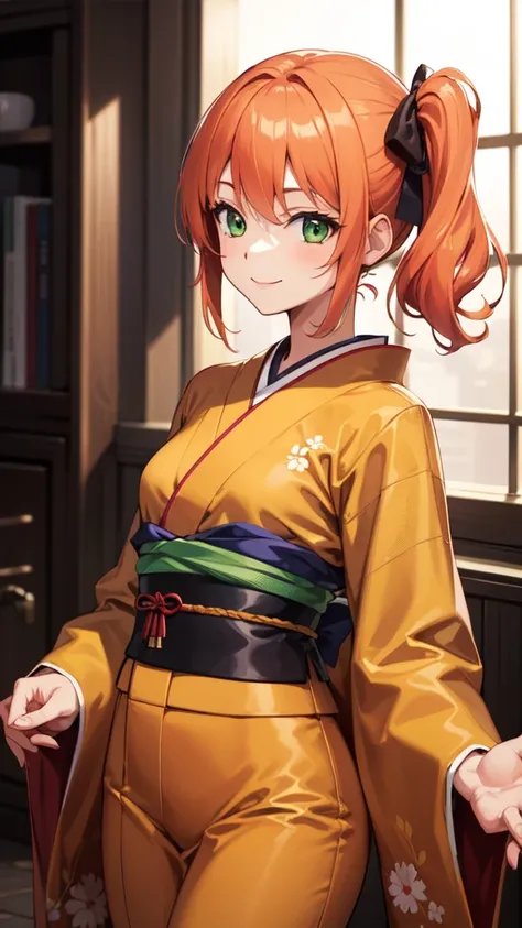 gonzarez, masterpiece, , 1girl, solo, smile, green eyes, orange hair , side ponytail, kimono