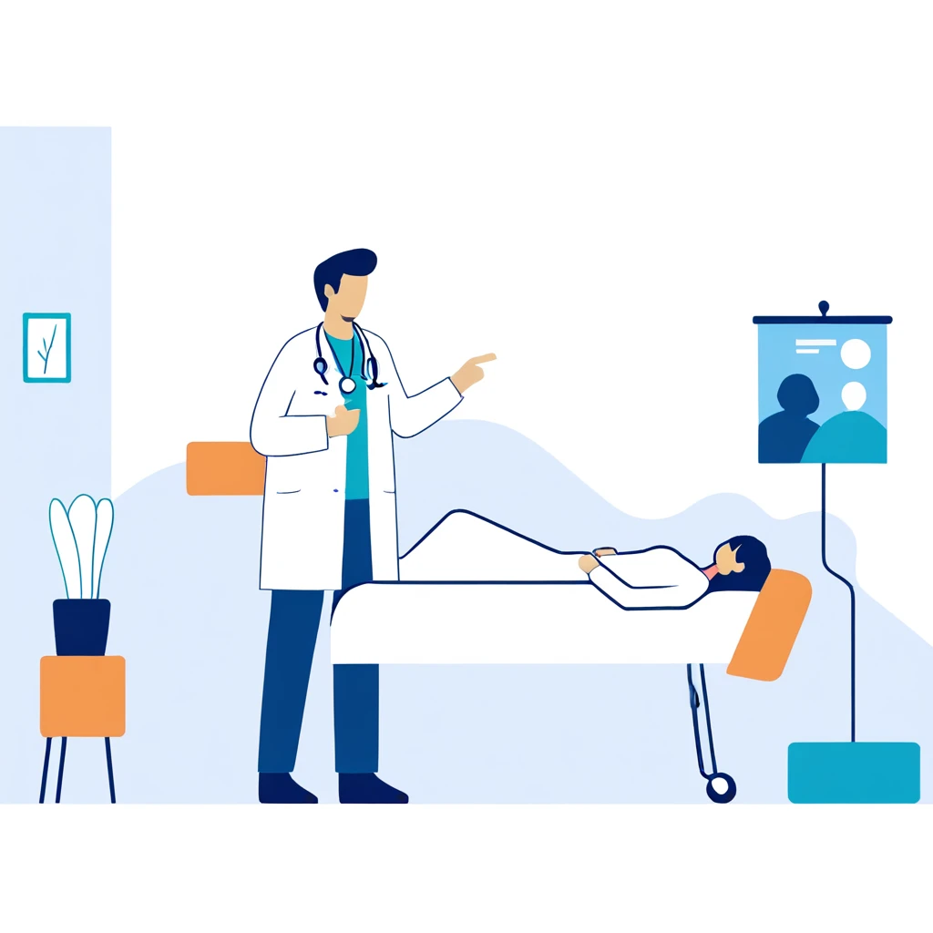 a man in a white coat is standing next to a woman in a hospital bed, medical doctor, flat illustration, hospital background, in ...