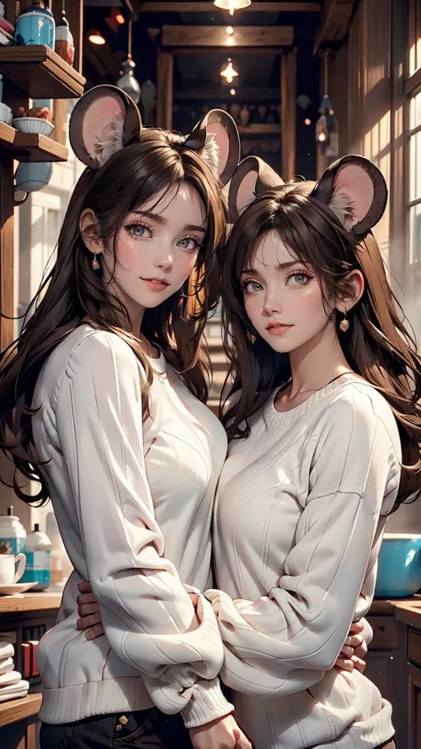 twins, Mouse Girls, Short fluffy white hair, Big round mouse ears, White sweater, Hand in hand, ((Dark brown eyes)), Couple, beautiful, Glossy Lips, Fine grain  