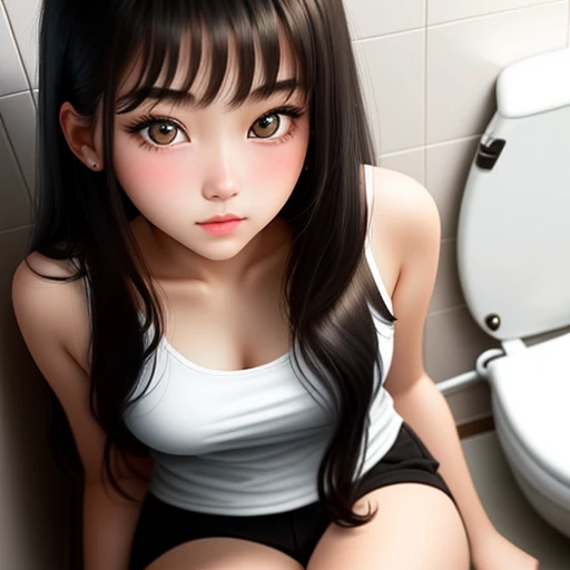 Sitting on closet in toilet. Girl with sexy body. Sexy vibes. Point of view from top. 
18-year-old girl, Detailed face, Detailed eyes, double eyelid, cute, hot-seductive-sexy-beautiful-girl with messy long-black-hair and blushing face. Intimate vibes.