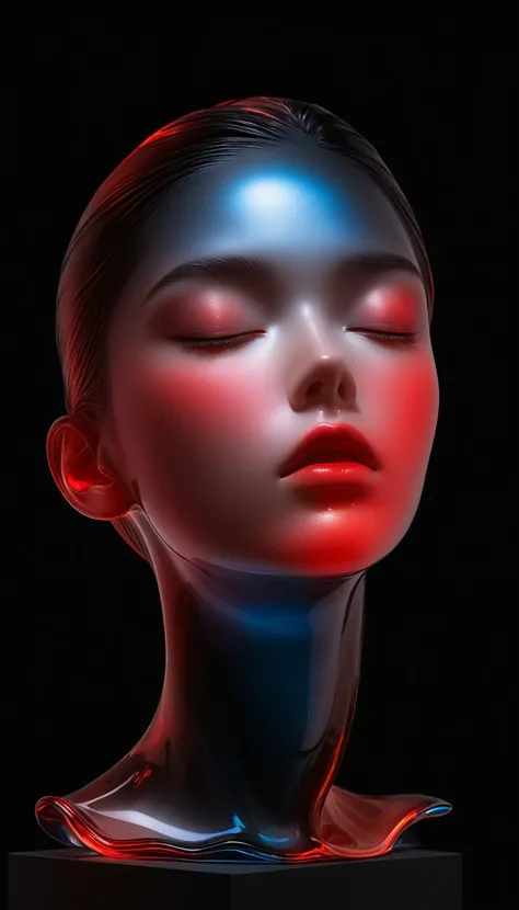 The Art of Blank Space，Sense of space，1 colored glass transparent 3D portrait sculpture，面部Luminescence线路，simple，Minimalism，beautiful girl，Black and red，，black background，Luminescence