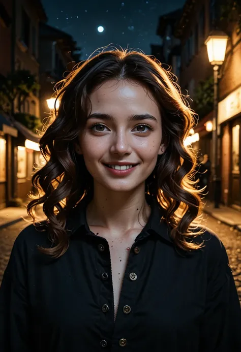 A stunning Korean K-pop girl with intoxicated eyes and wavy hair stands outdoors in a dark alleyway at night. Her skin is flawless, glowing with natural beauty. She has a perfectly structured face with sharp features and a captivating smile. She is impecca...