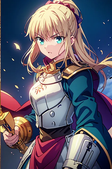 Masterpiece, Highest quality, （Fire emblem_Nanna）, Genealogy of the Holy War，（Blonde_Medium）hair ornaments, necklace, armor, Red Cape, Green Dress, belt, White gloves, Upper Body, View your viewers, roar，Rapier，From the side，Evening sky_background