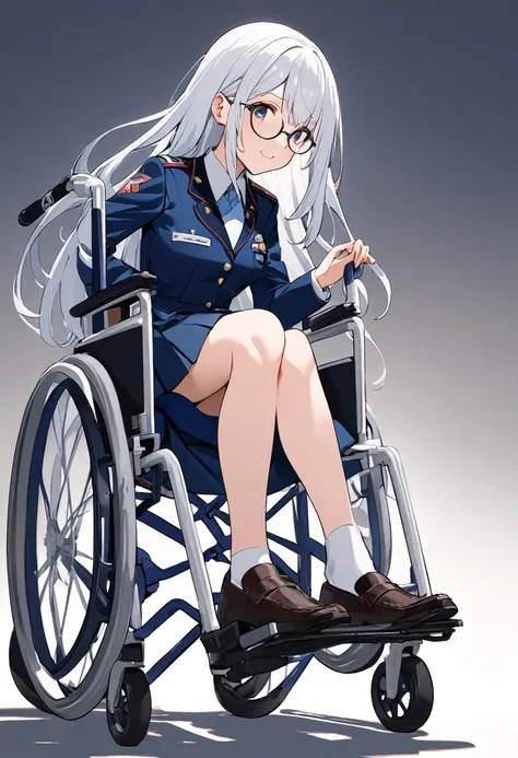 girl（Round Glasses、uniform（Navy Blue、Short skirt）、wheelchair、White long hair、School