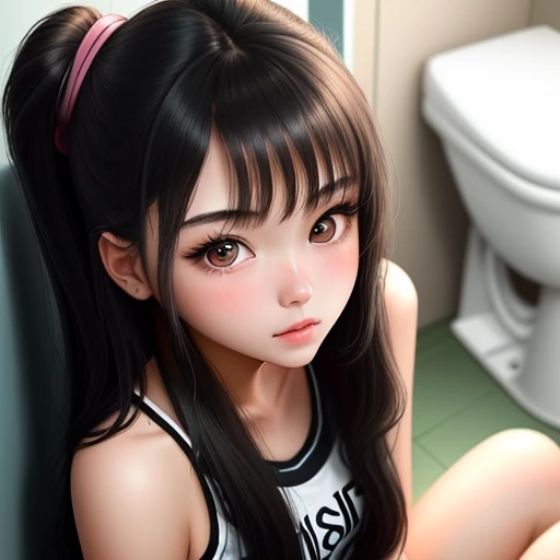 Sitting on closet in toilet. Girl with sexy body. Sexy vibes. Point of view from top. 
18-year-old girl, Detailed face, Detailed eyes, double eyelid, cute, hot-seductive-sexy-beautiful-girl with messy long-black-hair and blushing face. Intimate vibes.