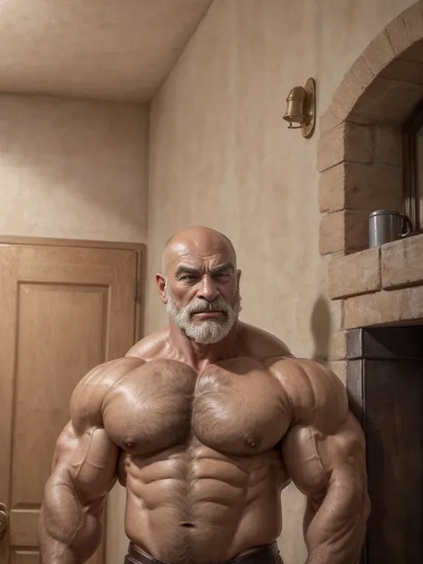 A handsome mature old Assyrian dad with a massive beard and no shirt standing in front of a door,bald head,hyper muscular, pumped, roids, huge pecs, arms, biceps, shoulders, male focus, centered, tan skin, wearing a "shiny suit", leather, masculine, "dad i...