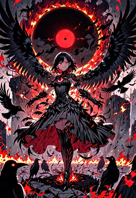 Art Station, White Background, Long black hair、Long Black Hair、Standing in the Wilderness,whole body、Equipped with Crow Gauntlets、triumphant smile、Small breasts、, As if smoke and shadows were given shape, Wings made from giant crows, Dancing crow feathers,...