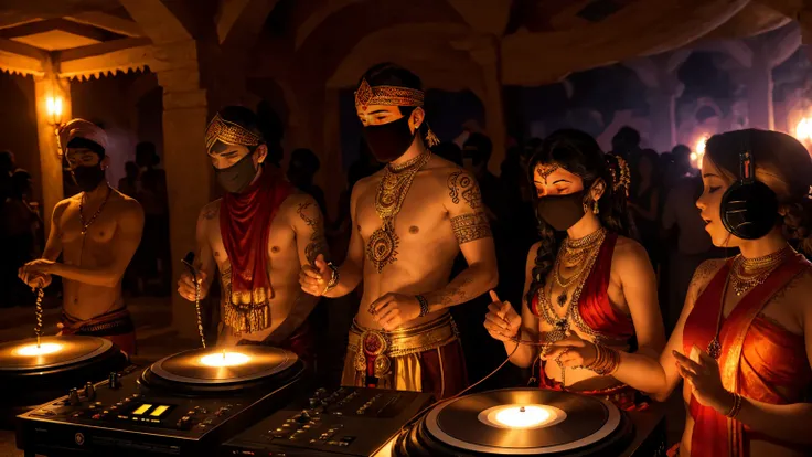 party in a Hindu temple with Buddha mixing music on a ddj400 turntable and playing a Yamaha keyboard connected to a speaker and cables and audio elements while several young tantric priestesses dance. They also cover their faces with iron man helmets. They...