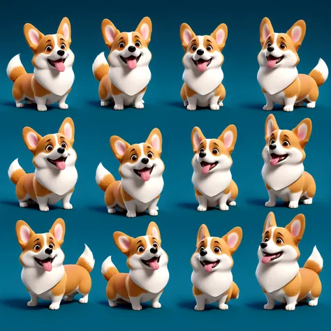 Q version of Corgi, corgi dogs various expressions and actions, happy,laughing, sad, angry, disappointed, surprised, spoiled, white backqround,3D cartoonstyle,nine qrid layout,ilustration desiqn，Pixar style