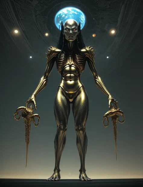 TeRRifying alien space monsteR witH gold and silveR skin,Holding a cane witH Red,green,Orange and blue diamonds,Futuristic,((Female MEGF,Thin body fat, barefoot, Solitary)),Artworks by Boris Vallejo,H.R. Giger and Julie Bell,((ARte ultRaHipeRRealista,elega...