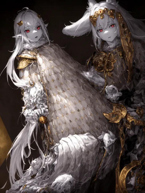 (Best image quality),(masterpiece),(((only))),(Very detailed),(Male Minute:1.5), (White skin:1.3), hairy，(White fur:1.3),((Golden pupils)) ,(Gray ears),(hairy 动物 耳朵s)，((Dressed in medieval armor)，Medieval generals，Red Cape，Natural Lighting，Complex backgrou...