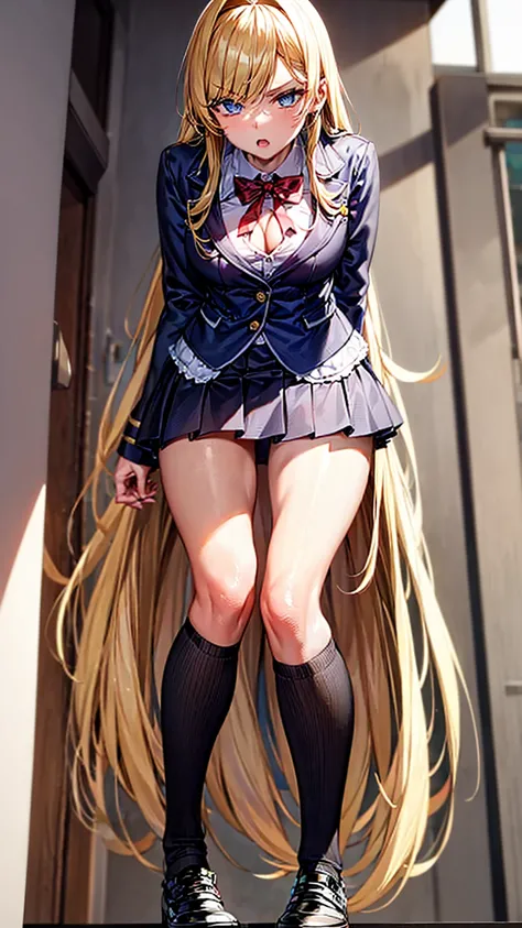 Bully student approaches me with a perverse face as I am a nerd, wearing short skirt, blonde hair, blue eyes, small firm breasts, long sexy legs, bad girl. very tall girl, photo from below the girl, bully, anger face, perspective from the ground