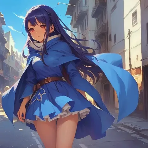 Anime girl walking down the street in a blue dress and blue cape, Cute girl anime visuals, Gwaiz, artwork in the style of Gwaiz, Epic light novel art cover, Artjam and Athi Gairan, Fantasy-style anime, Gwaiz on artstation pixiv, everyone, Gwaiz on pixiv ar...