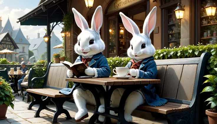 C4tt4stic, Anthropomorphic cute baby rabbit character, dressed and bipedal, human-like posture, drinking hot coffee, sitting on a cafe terrace seat, lush garden, smiling, reading a book, casual clothing, mystical, fantasy art, exquisite details, Jean-Bapti...