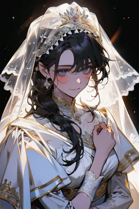 Wedding scene，Bride in a white wedding dress，Smiling slightly，Perfect face，Black Hair，Perfect face