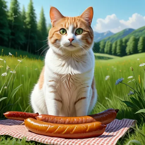 whole body, (Fat Cat), With sausages, In the meadow, Ultra-detailed, Hyperrealism, Sharp frame, Film Studies, Lighting 