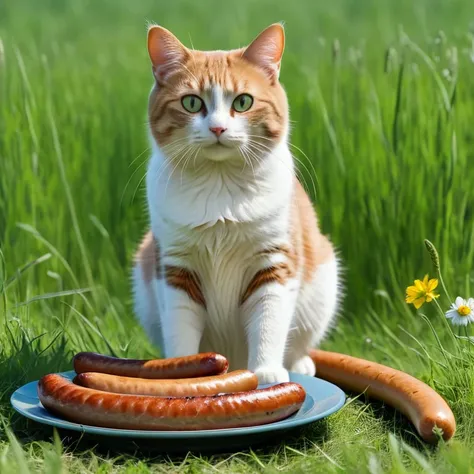 whole body, (Fat Cat), With sausages, In the meadow, Ultra-detailed, Hyperrealism, Sharp frame, Film Studies, Lighting 