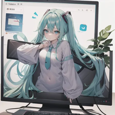 through screen, stuck, monitor,  1girl, breasts,  solo,hatsune miku, looking at viewer, hair between eyes, shirt, very long hair...