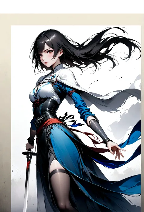 艺术Ink Painting，立体Ink Painting，Minimalism，Minimalism图形艺术，Anime girl holding a sword，whole body，Chinese，，Ink Painting，Blue robe，Black long hair，Black and white background，古韵White space，White space，大面积White space，Textured Matte，Low saturation，Minimalism构图，Mai...